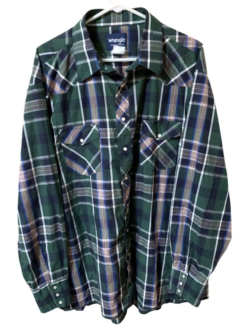 Wrangler Men's 3XLT? Pearl Snap Western Shirt Green Plaid Vintage Cowboy